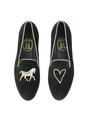 Mimosa Velvet Loafers -Horse Love | Black & Camel