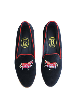 Mimosa Velvet Loafers - Araminta Horse | Navy & Red