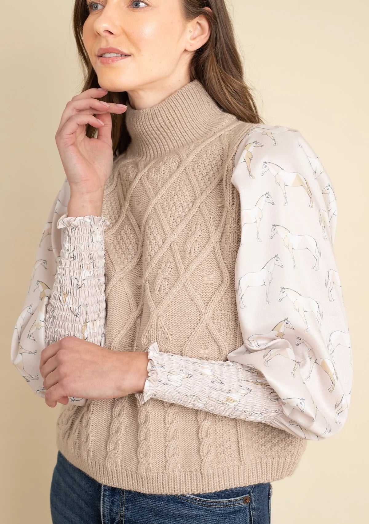 Ellie Cable Knit Sweater with Printed Sleeves | Beige