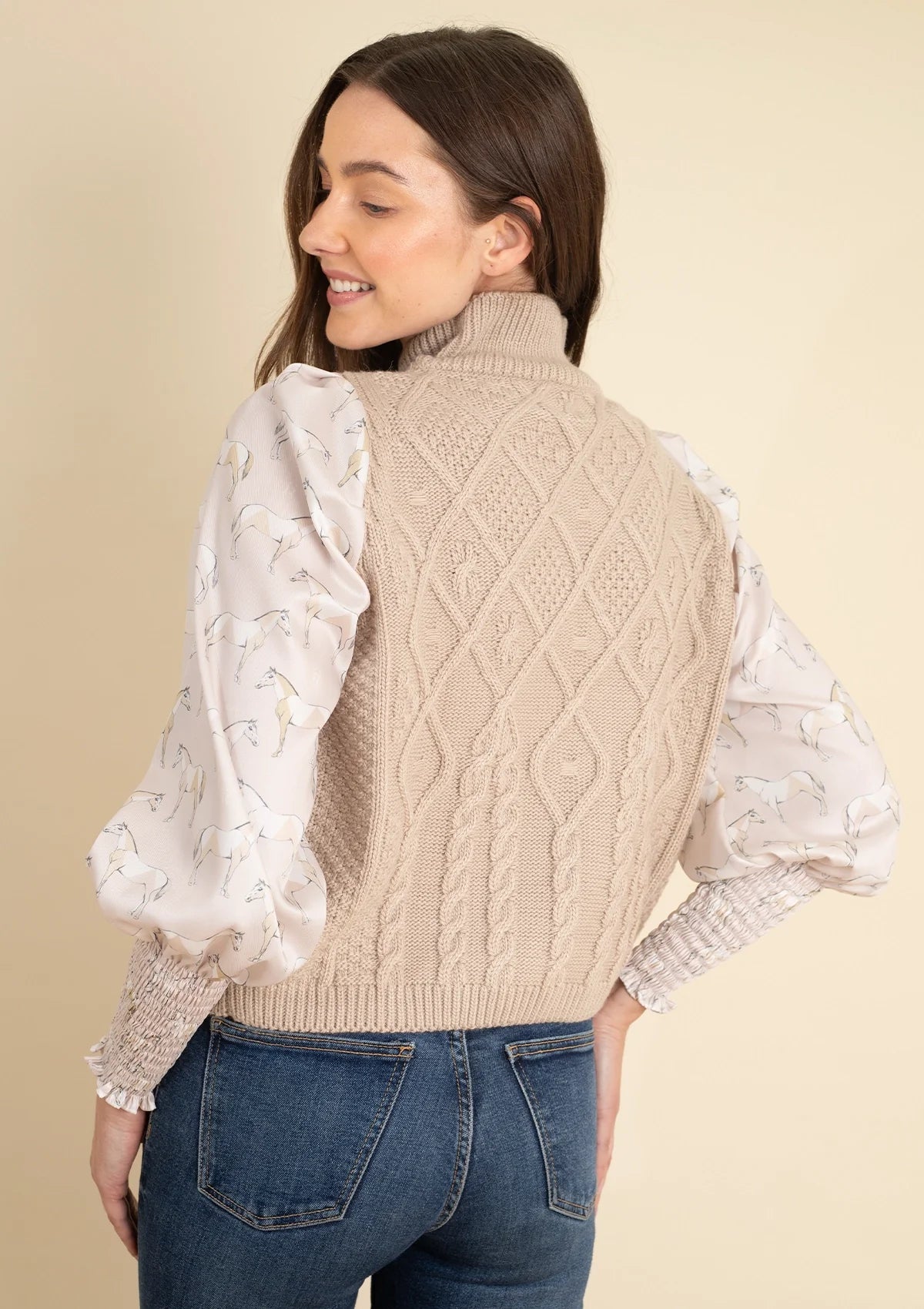 Ellie Cable Knit Sweater with Printed Sleeves | Beige