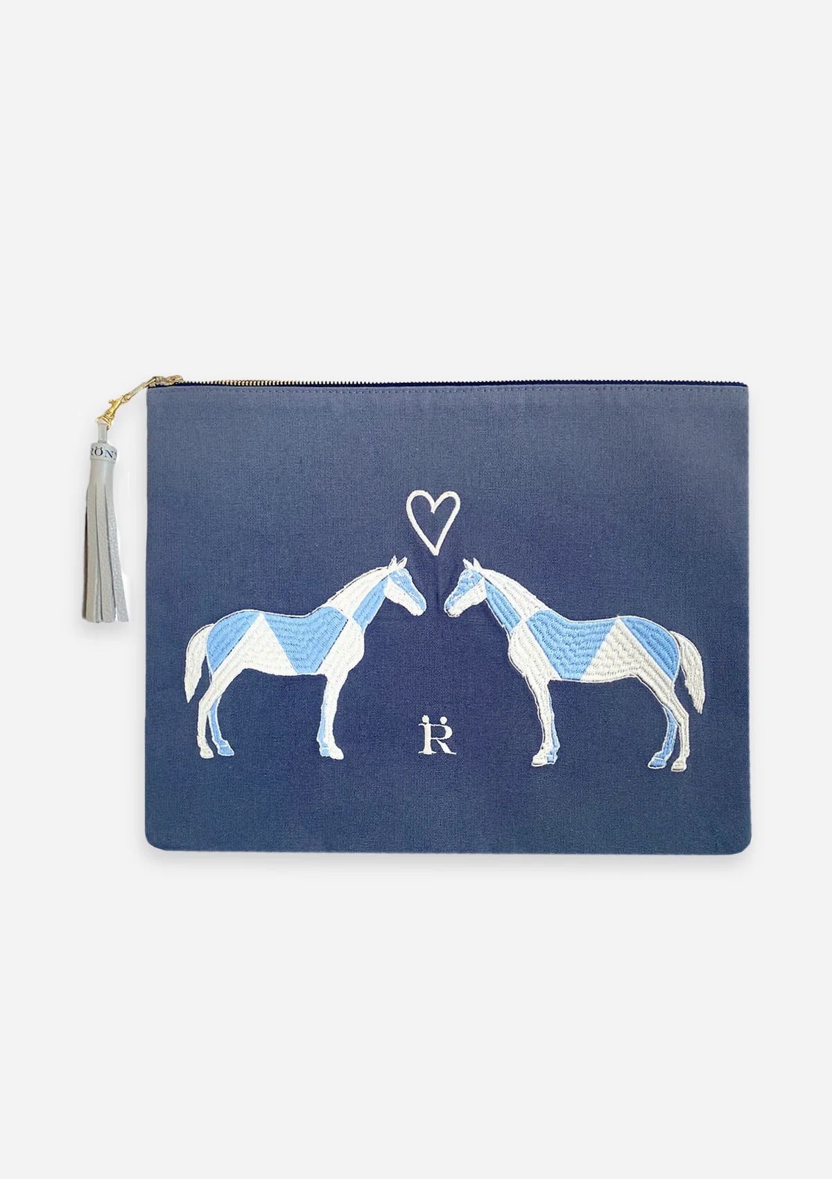 Geo Horses Embroidered Pouch | Light Blue