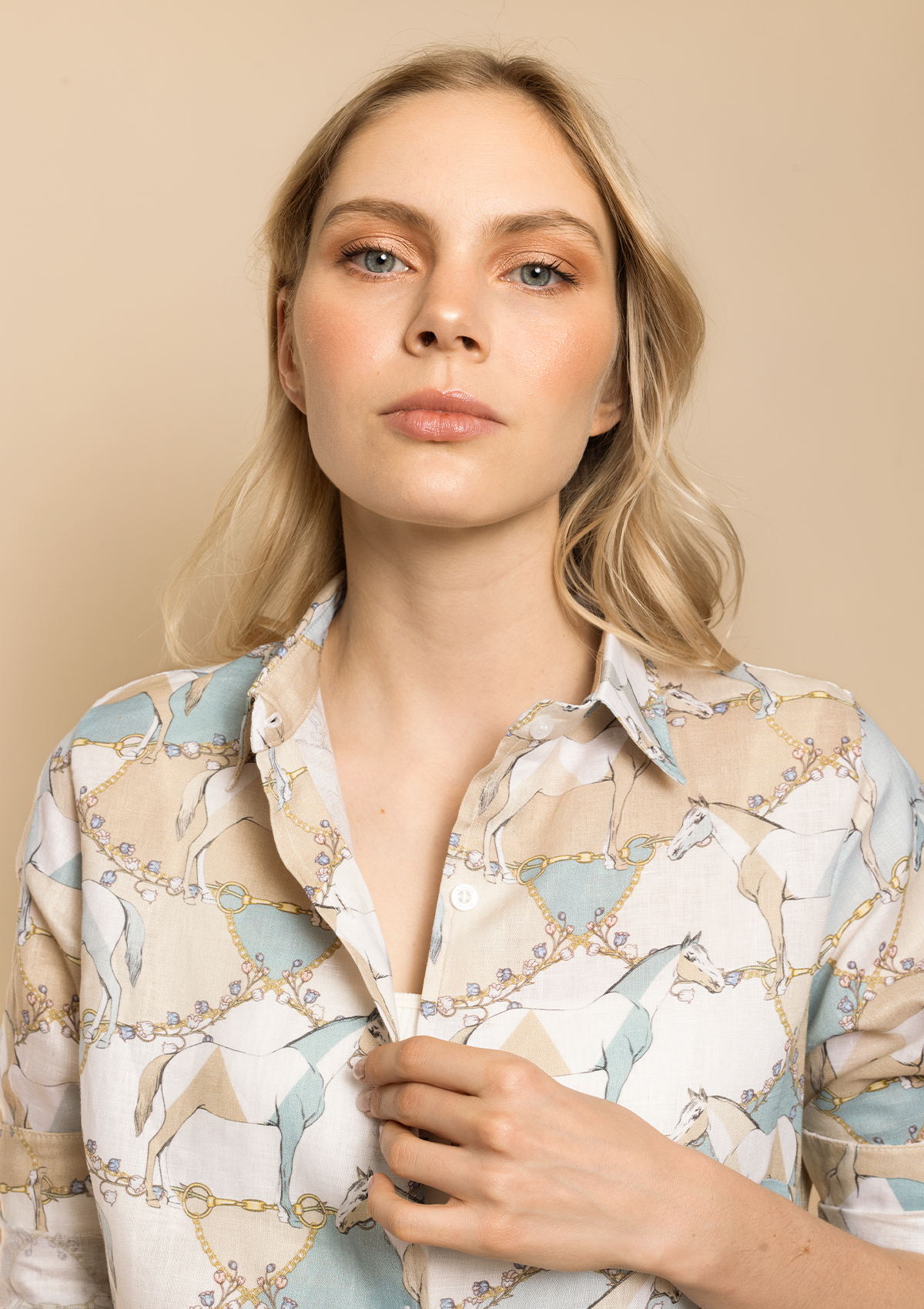 Basic Linen Shirt | Geo Horses Print | Celeste