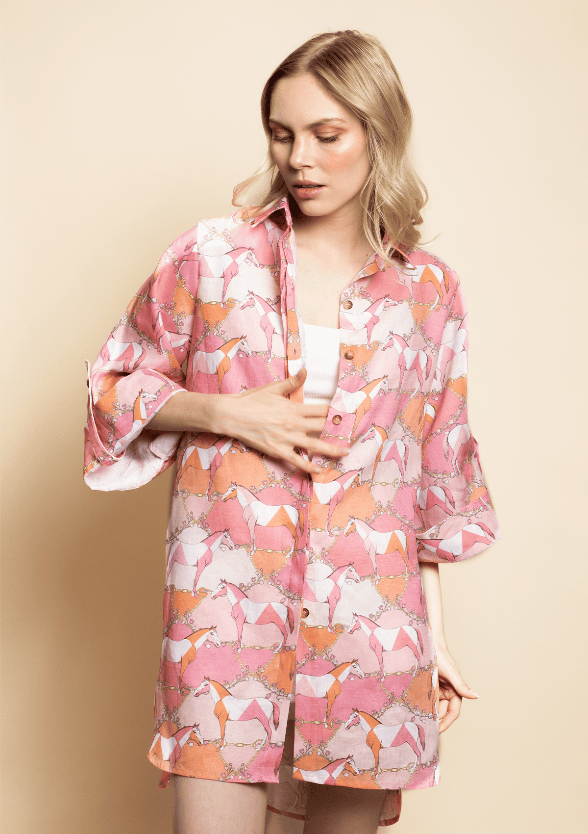 Magnolia Oversized Linen Shirt | Geo Horses Print| Pink