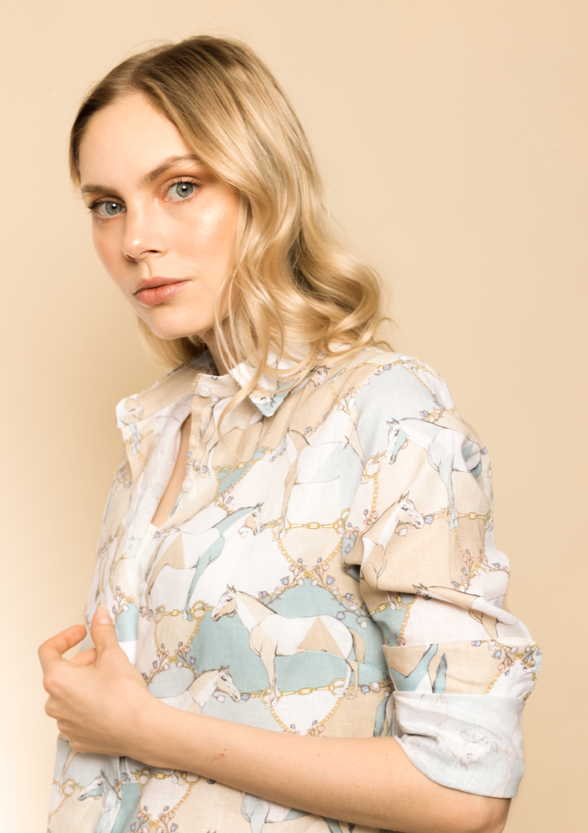 Basic Linen Shirt | Geo Horses Print | Celeste